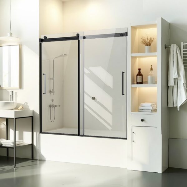 VEVOR Rahmenlose Schiebetür für Badewanne Duschglastür (1422-1524 x 1524 mm), schwarzes Finish