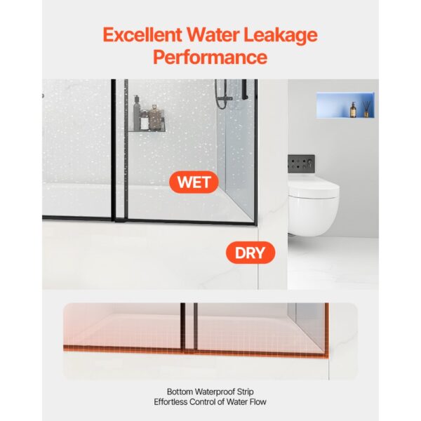 VEVOR Rahmenlose Schiebetür für Badewanne Duschglastür (1422-1524 x 1524 mm), schwarzes Finish – Bild 5