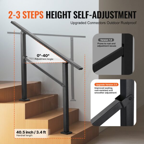 VEVOR Handlauf 103 cm, Treppengeländer-Set für 2–3 Stufen, schwarzes Vierkantrohr mit horizontaler Stange – Bild 3