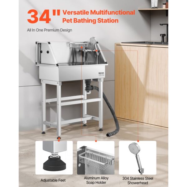 VEVOR Hundewaschstation aus Edelstahl, 870x490x1225mm Tierpflegewanne mit Wasserhahn, Waschbecken für zu Hause – Bild 2