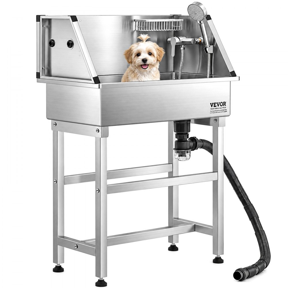 VEVOR Hundewaschstation aus Edelstahl, 870x490x1225mm Tierpflegewanne mit Wasserhahn, Waschbecken für zu Hause