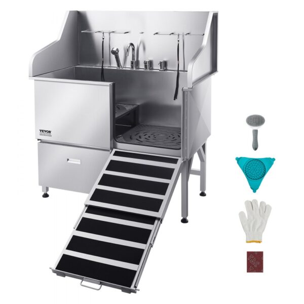 VEVOR 304 Edelstahl-Hundewaschstation, 127 cm große Pflegebadewanne mit rutschfester, flacher Rampe