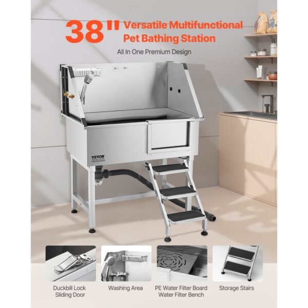 VEVOR Hundewaschstation aus Edelstahl, 961x620x1220 mm Tierpflegewanne mit Ablagetreppe, Wasserhahn – Bild 2