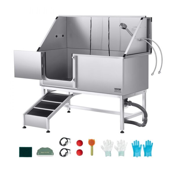 VEVOR Hundewaschstation Edelstahl, 1500x700x1495 mm Tierpflegewanne mit Rampe, Duschkopf & Seifenhalter
