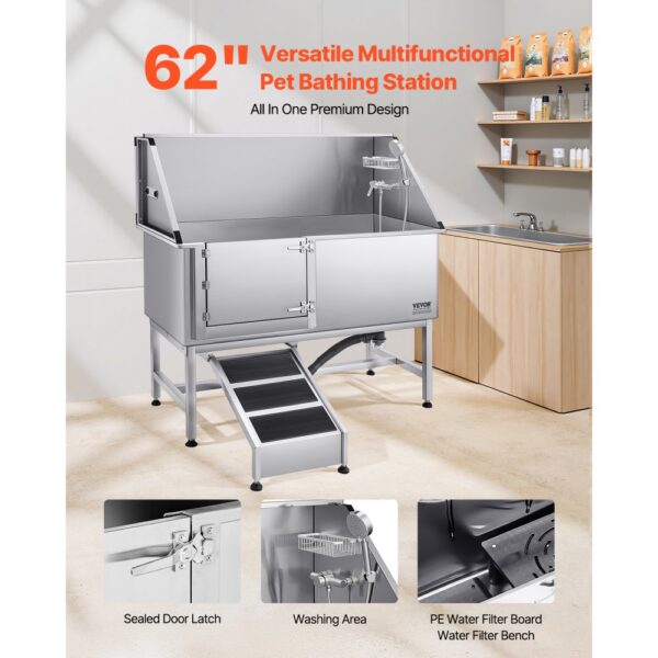 VEVOR Hundewaschstation Edelstahl, 1500x700x1495 mm Tierpflegewanne mit Rampe, Duschkopf & Seifenhalter – Bild 2