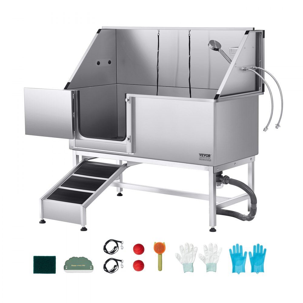 VEVOR Hundewaschstation Edelstahl, 1500x700x1495 mm Tierpflegewanne mit Rampe, Duschkopf & Seifenhalter