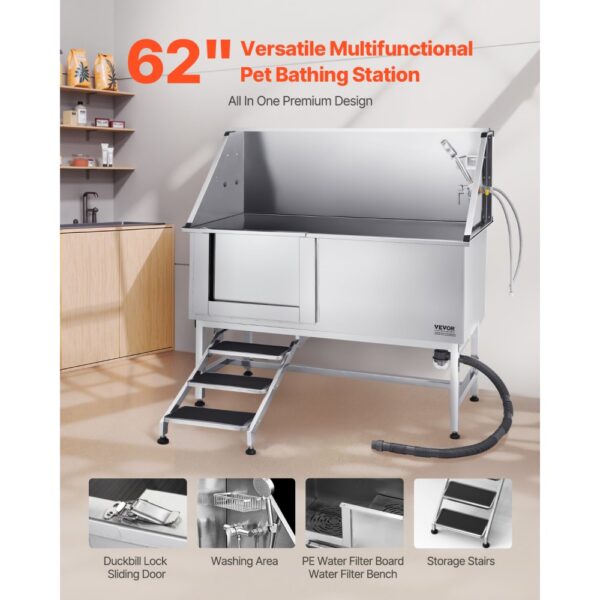 VEVOR Hundewaschstation Edelstahl, 1500x700x1495mm Tierpflegewanne mit Treppe, Duschkopf & Seifenhalter – Bild 2