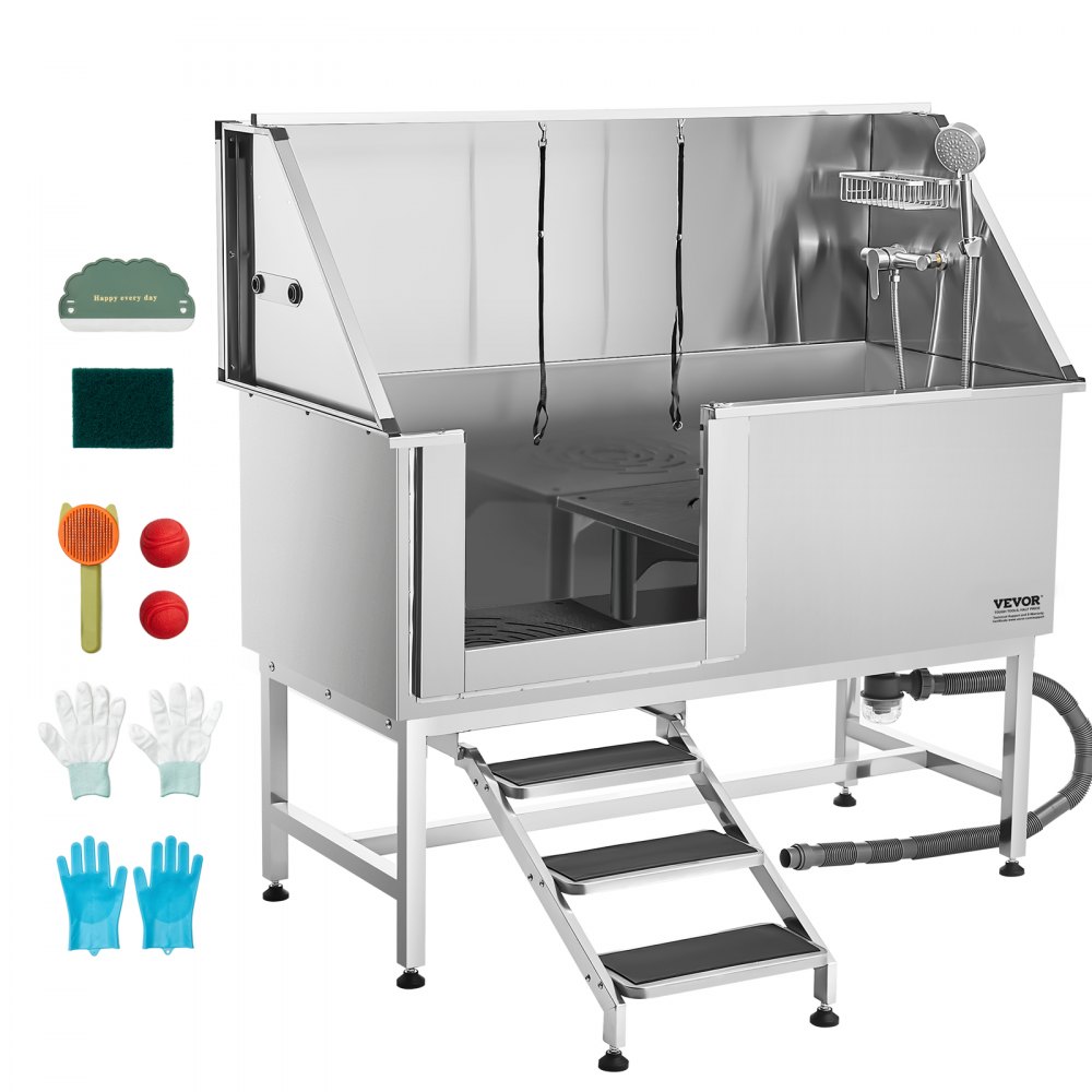 VEVOR Hundewaschstation Edelstahl, 1500x700x1495mm Tierpflegewanne mit Treppe, Duschkopf & Seifenhalter