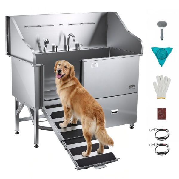 VEVOR 304 Edelstahl-Hundewaschstation, 154,9 cm große Pflegebadewanne mit rutschfester, flacher Rampe