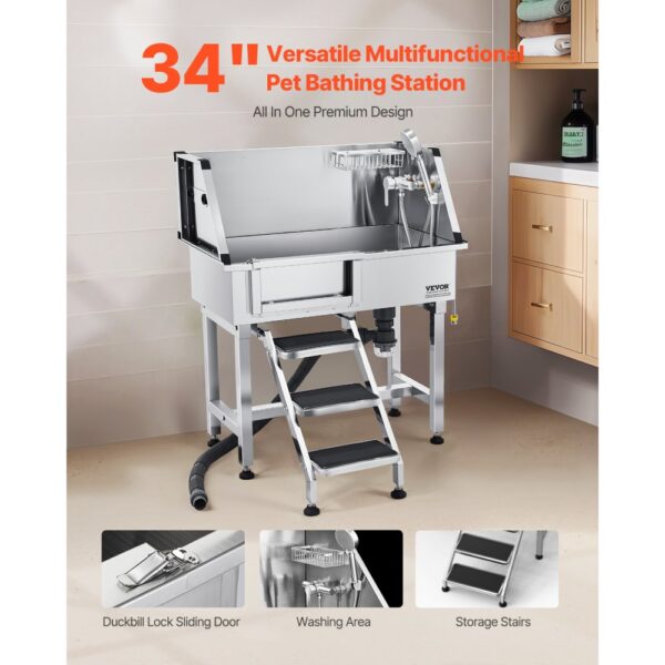 VEVOR Hundewaschstation aus Edelstahl, 870x488x1025 mm Tierpflegewanne mit Ablagetreppe, Wasserhahn – Bild 2