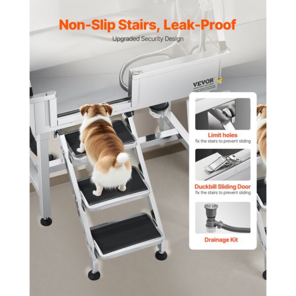 VEVOR Hundewaschstation aus Edelstahl, 870x488x1025 mm Tierpflegewanne mit Ablagetreppe, Wasserhahn – Bild 3