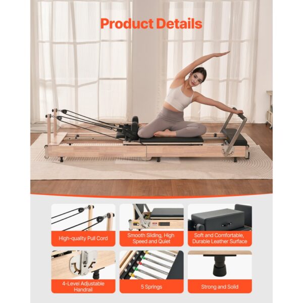 VEVOR faltbarer Pilates Reformer Trainingsgerät aus Gummibaumholz für Heim-Fitnessstudio, bis zu 181,44 kg – Bild 5