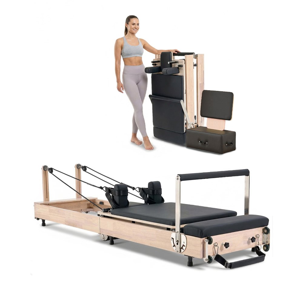 VEVOR faltbarer Pilates Reformer Trainingsgerät aus Gummibaumholz für Heim-Fitnessstudio, bis zu 181,44 kg