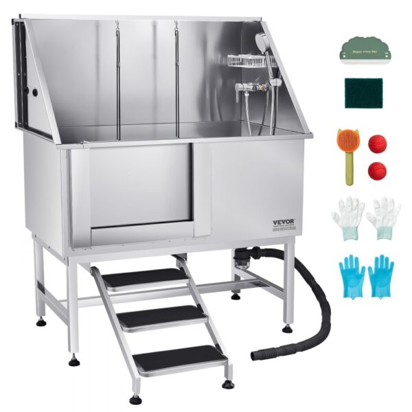 VEVOR Hundewaschstation Edelstahl, 1270x700x1545 mm Tierpflegewanne mit Treppe, Duschkopf & Seifenhalter