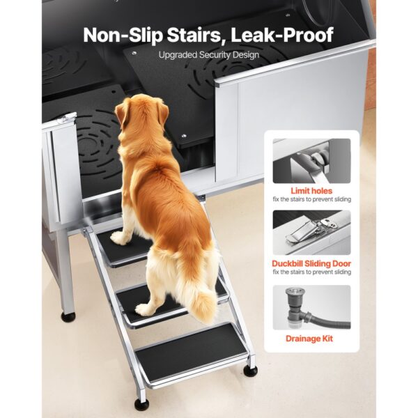 VEVOR Hundewaschstation Edelstahl, 1270x700x1545 mm Tierpflegewanne mit Treppe, Duschkopf & Seifenhalter – Bild 3