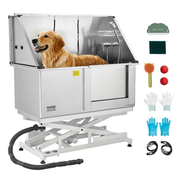 VEVOR Elektrische Hundewaschstation mit Hebefunktion, Wasserhahn & Duschkopf, Hundebadewanne