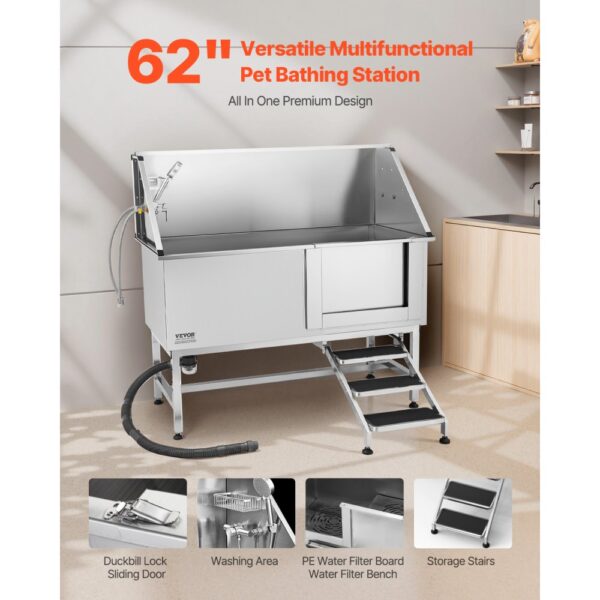 VEVOR Hundewaschstation Edelstahl, 1500x700x1495 mm Tierpflegewanne mit Treppe, Duschkopf & Seifenhalter – Bild 2