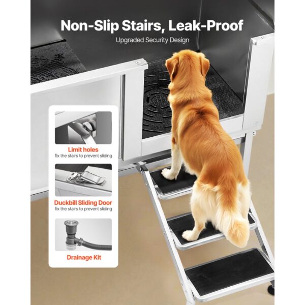 VEVOR Hundewaschstation Edelstahl, 1500x700x1495 mm Tierpflegewanne mit Treppe, Duschkopf & Seifenhalter – Bild 3