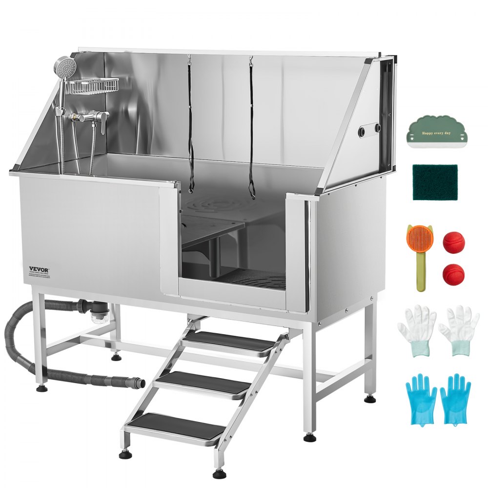VEVOR Hundewaschstation Edelstahl, 1500x700x1495 mm Tierpflegewanne mit Treppe, Duschkopf & Seifenhalter