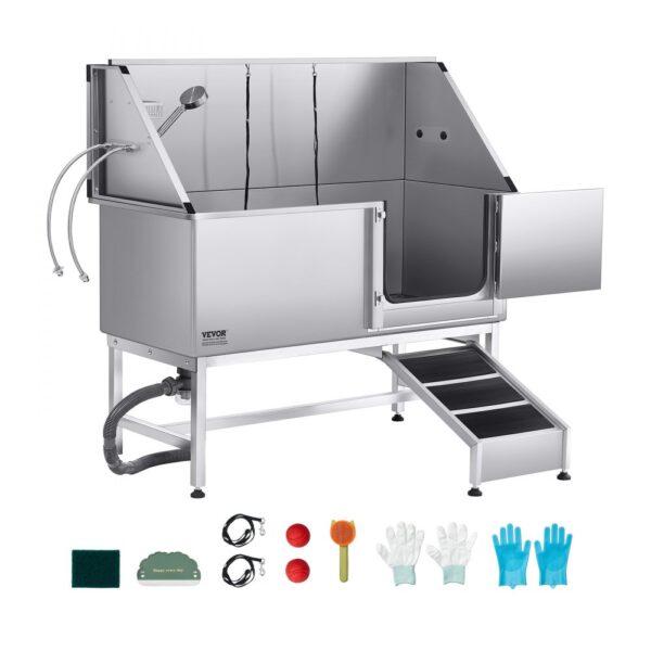 VEVOR Hundewaschstation Edelstahl, 1500x700x1495 mm Tierpflegewanne mit Rampe, Duschkopf & Seifenhalter
