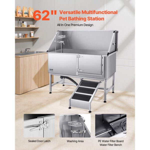 VEVOR Hundewaschstation Edelstahl, 1500x700x1495 mm Tierpflegewanne mit Rampe, Duschkopf & Seifenhalter – Bild 2