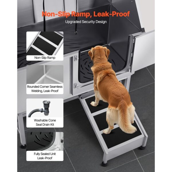 VEVOR Hundewaschstation Edelstahl, 1500x700x1495 mm Tierpflegewanne mit Rampe, Duschkopf & Seifenhalter – Bild 3