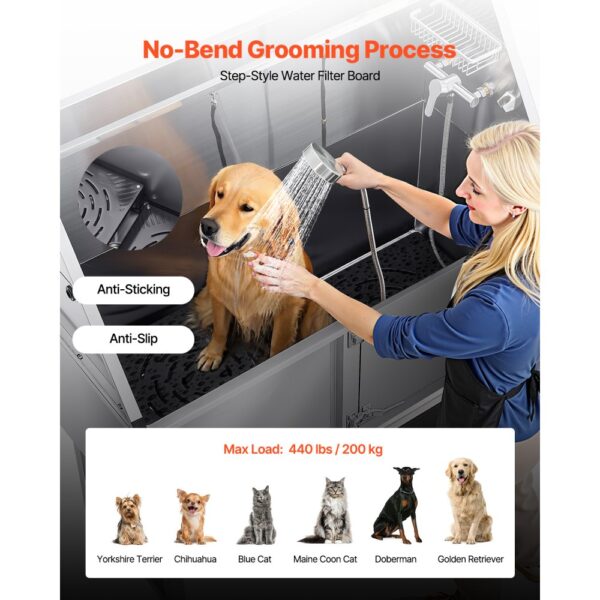 VEVOR Hundewaschstation Edelstahl, 1500x700x1495 mm Tierpflegewanne mit Rampe, Duschkopf & Seifenhalter – Bild 4