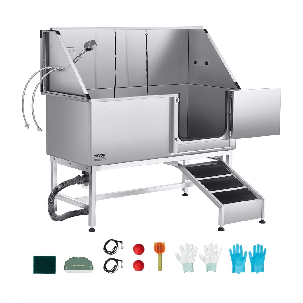 VEVOR Hundewaschstation Edelstahl, 1500x700x1495 mm Tierpflegewanne mit Rampe, Duschkopf & Seifenhalter