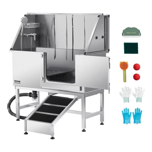VEVOR Hundewaschstation Edelstahl, 1270x580x1495 mm Tierpflegewanne mit Rampe, Duschkopf & Seifenhalter