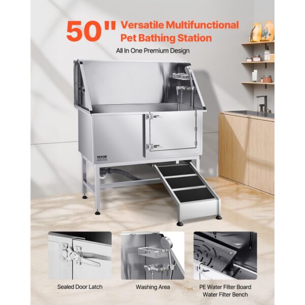 VEVOR Hundewaschstation Edelstahl, 1270x580x1495 mm Tierpflegewanne mit Rampe, Duschkopf & Seifenhalter – Bild 2