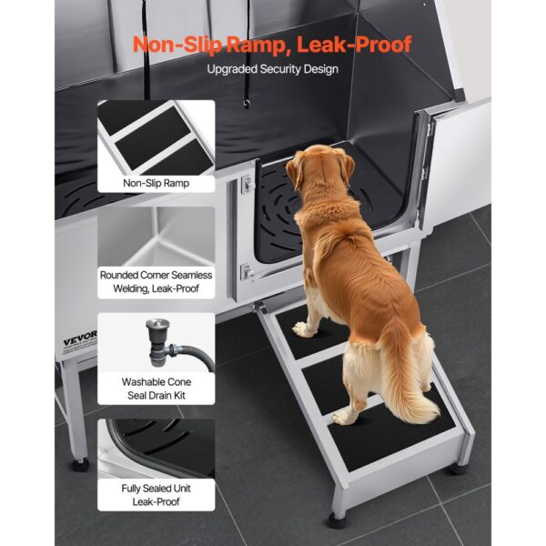 VEVOR Hundewaschstation Edelstahl, 1270x580x1495 mm Tierpflegewanne mit Rampe, Duschkopf & Seifenhalter – Bild 3