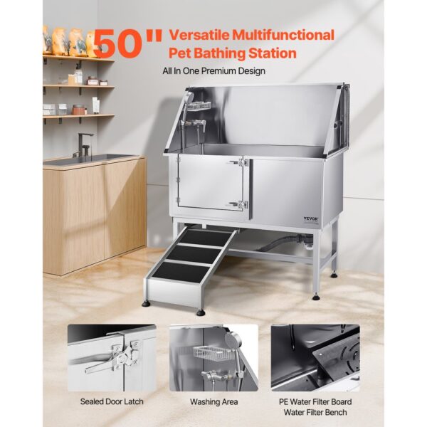 VEVOR Hundewaschstation Edelstahl, 1270x580x1495 mm Tierpflegewanne mit Rampe, Duschkopf & Seifenhalter – Bild 2