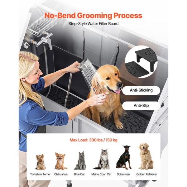 VEVOR Hundewaschstation Edelstahl, 1270x580x1495 mm Tierpflegewanne mit Rampe, Duschkopf & Seifenhalter – Bild 4