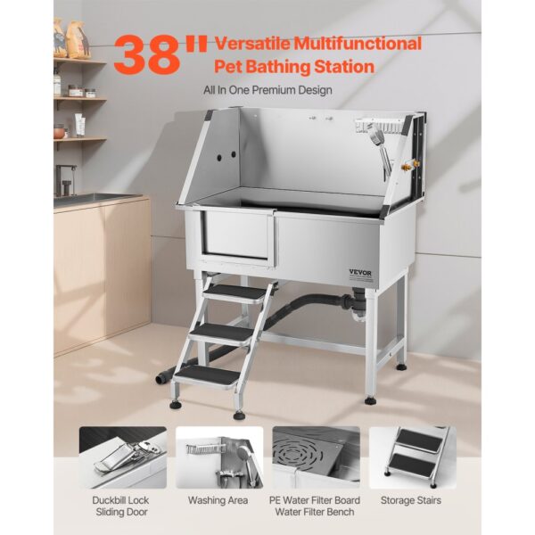 VEVOR Hundewaschstation aus Edelstahl, 961x620x1220 mm, Tierpflegewanne mit Ablagetreppe – Bild 2