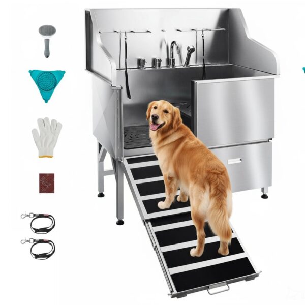 VEVOR 304 Edelstahl-Hundewaschstation, 127 cm große Pflegebadewanne mit rutschfester, flacher Rampe
