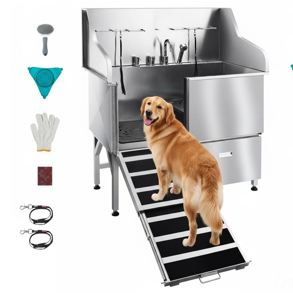 VEVOR 304 Edelstahl-Hundewaschstation, 127 cm große Pflegebadewanne mit rutschfester, flacher Rampe