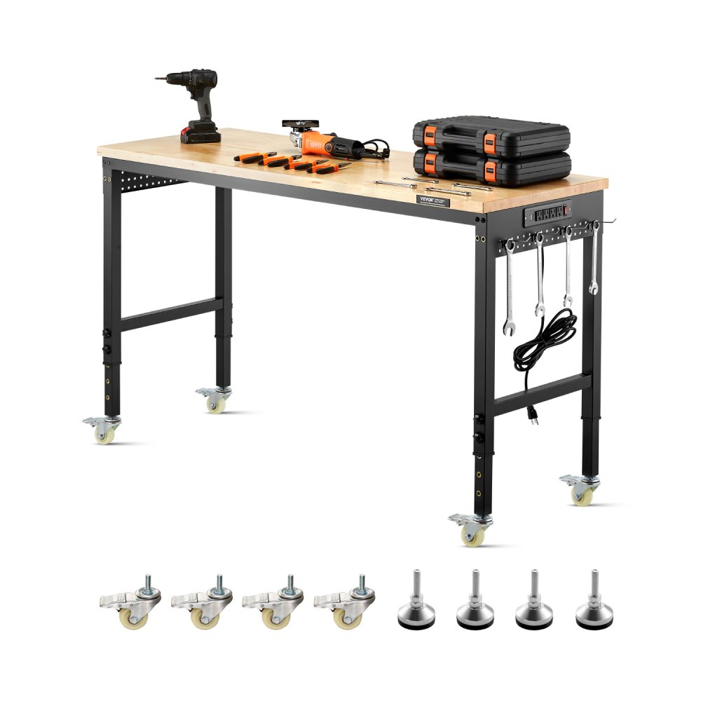 VEVOR Werkbank 1524x559x711-1030mm, 907 kg Tragkraft, Werktisch mit Steckdose