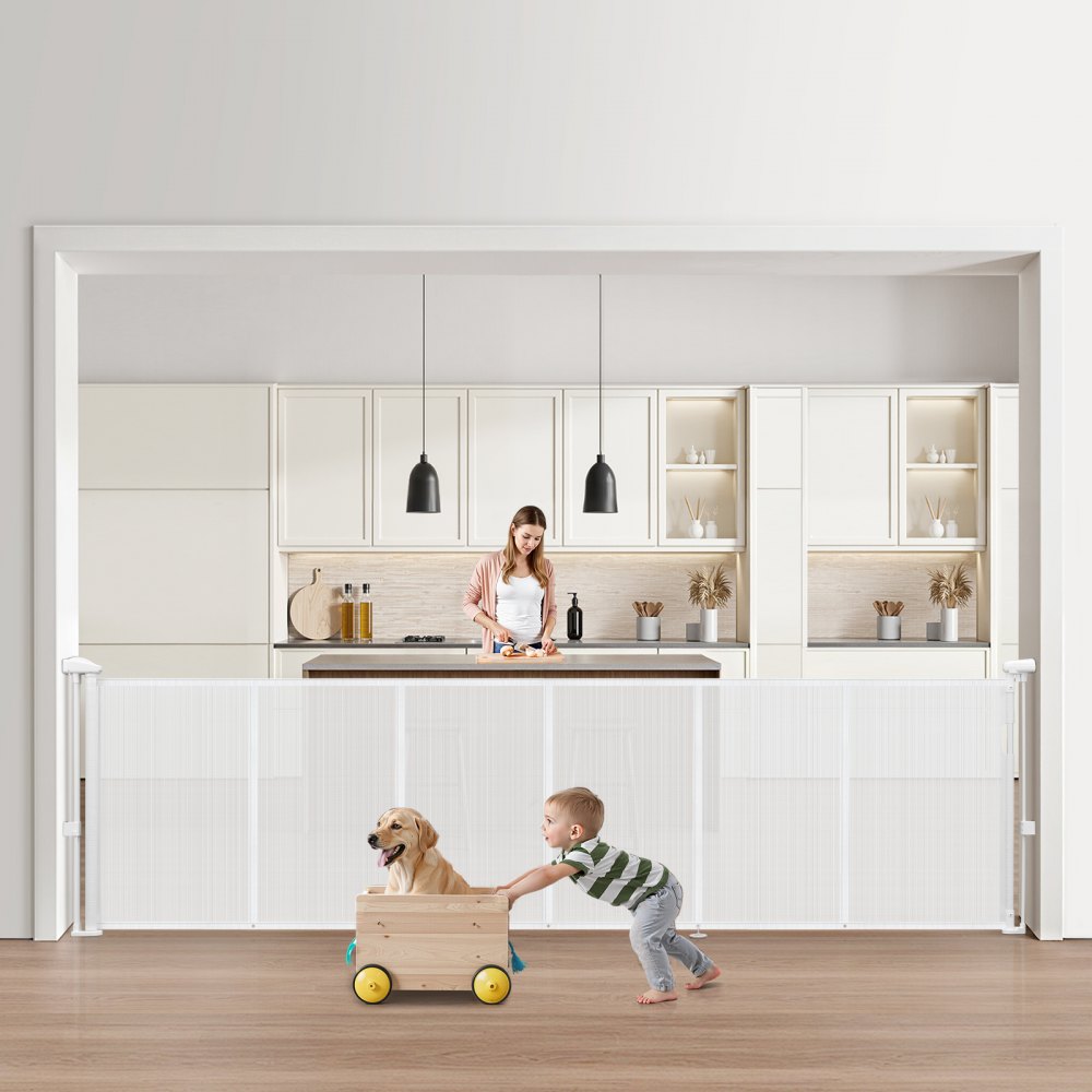 VEVOR einziehbares Babygitter Hundegitter ausziehbar auf 280 cm Breite / 87 cm Höhe, Treppenschutzgitter weiß