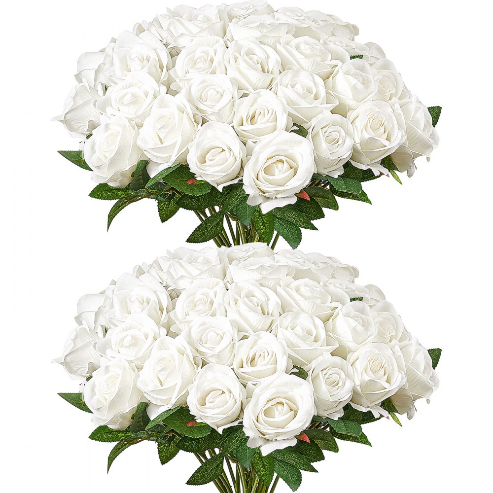 VEVOR Künstliche Blumen Rosen, 60 Stück Kunstblumen, Weiße Gefälschte Rose mit Stielen