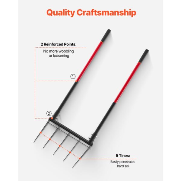 VEVOR Broadfork Doubleshaft 510x320 mm, 5-Zinken-Grabegabel mit zwei Fiberglasgriffen, robuste Spatengabel – Bild 5