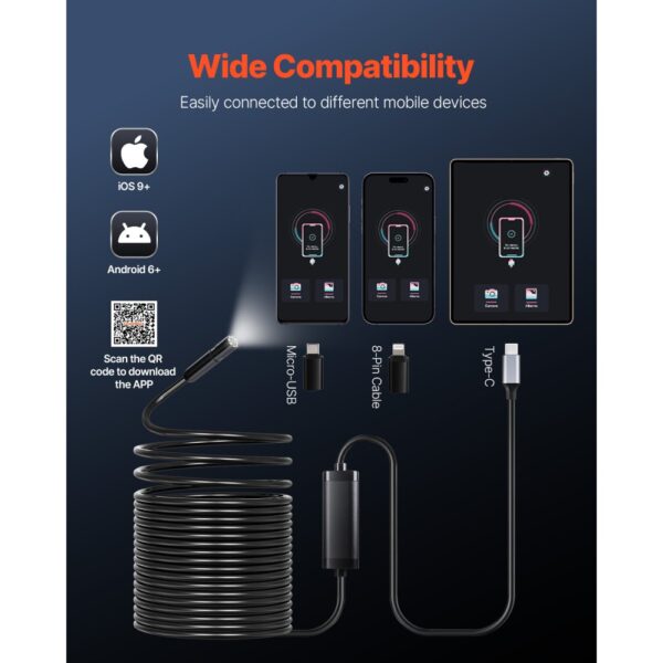 VEVOR Endoskopkamera mit 15 m langem Kabel, 1920P HD-Inspektionskamera für Android & iOS, 8 LEDs – Bild 4 VEVOR Endoskopkamera mit 15 m langem Kabel, 1920P HD-Inspektionskamera für Android & iOS, 8 LEDs – Bild 4