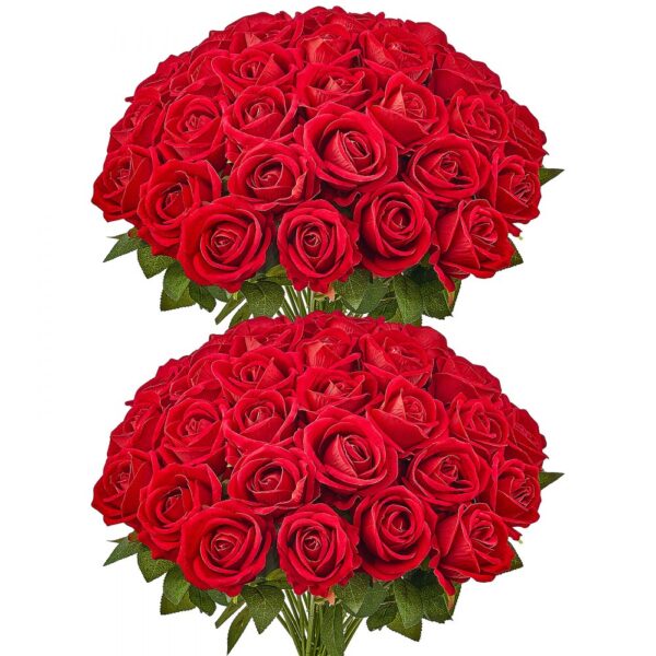 VEVOR Künstliche Blumen Rosen, 60 Stück Kunstblumen, Rote Gefälschte Rose mit Stielen