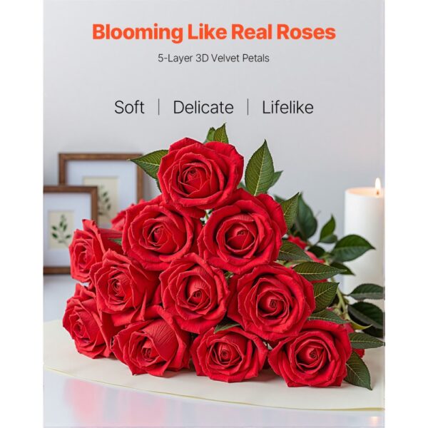 VEVOR Künstliche Blumen Rosen, 60 Stück Kunstblumen, Rote Gefälschte Rose mit Stielen – Bild 2