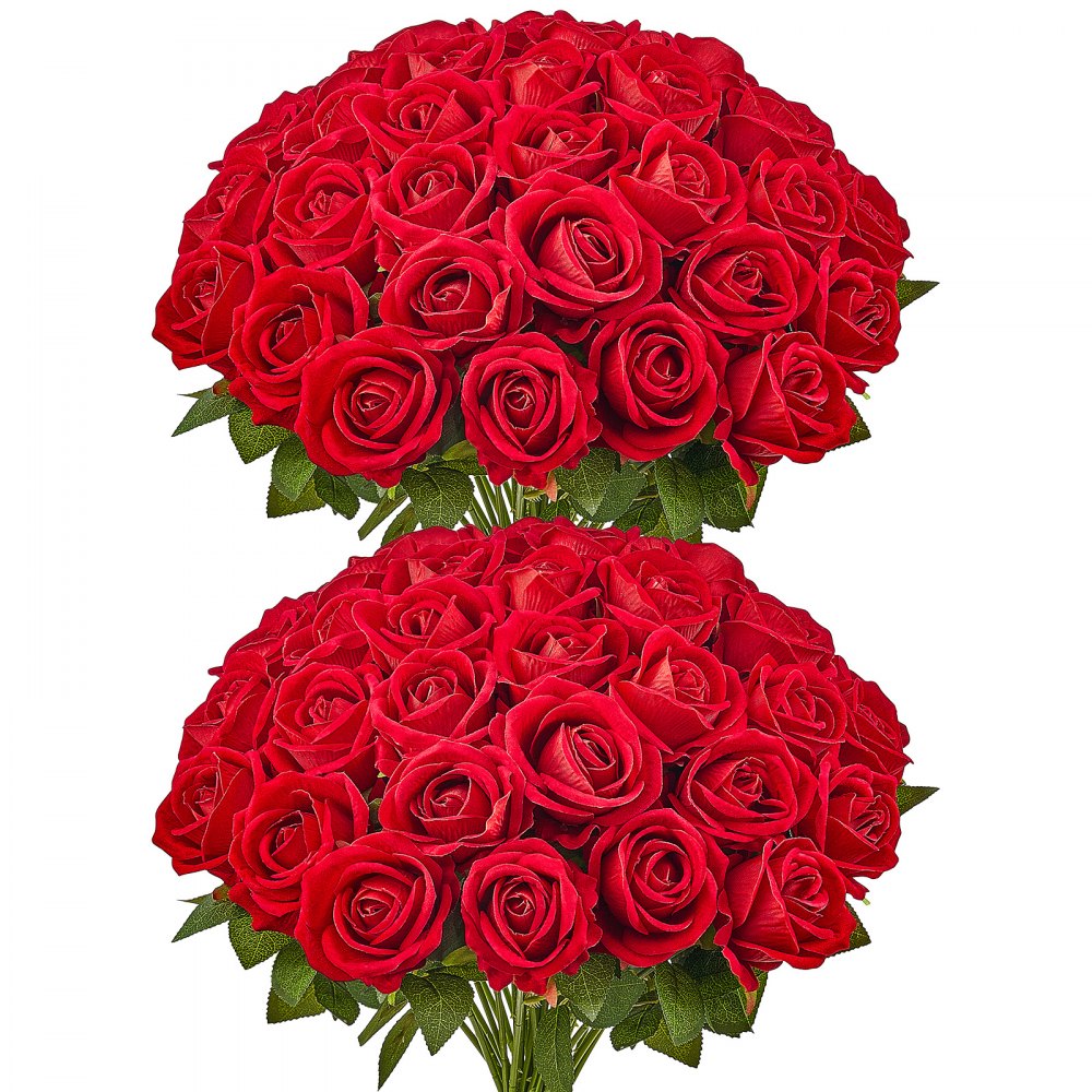 VEVOR Künstliche Blumen Rosen, 60 Stück Kunstblumen, Rote Gefälschte Rose mit Stielen