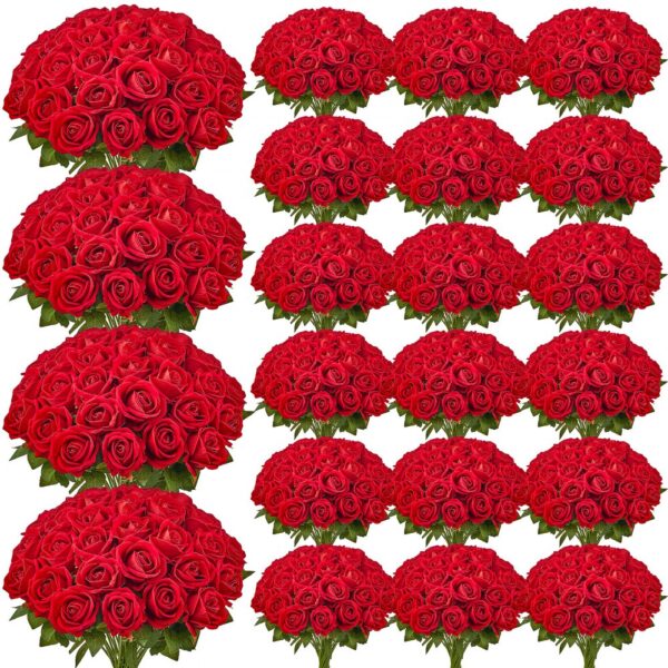 VEVOR Künstliche Blumen Rosen, 500 Stück Kunstblumen, Rote Gefälschte Rose mit Stielen