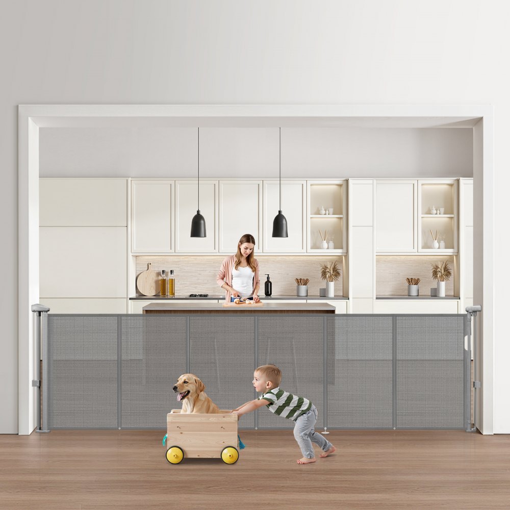 VEVOR einziehbares Babygitter Hundegitter ausziehbar auf 280 cm Breite / 87 cm Höhe, Treppenschutzgitter Grau