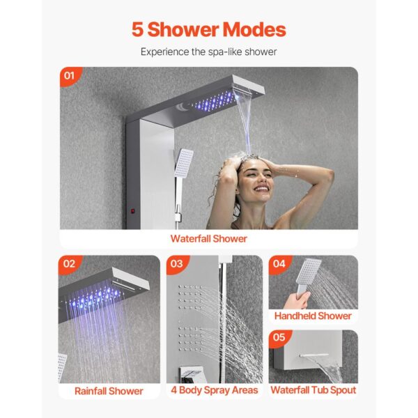 VEVOR Duschpaneel-Turmsystem (5 Modi) mit Regenwasserfall-Duschkopf & LED, mit Handbrause & 4 Körperbrausen – Bild 3 VEVOR Duschpaneel-Turmsystem (5 Modi) mit Regenwasserfall-Duschkopf & LED, mit Handbrause & 4 Körperbrausen – Bild 3