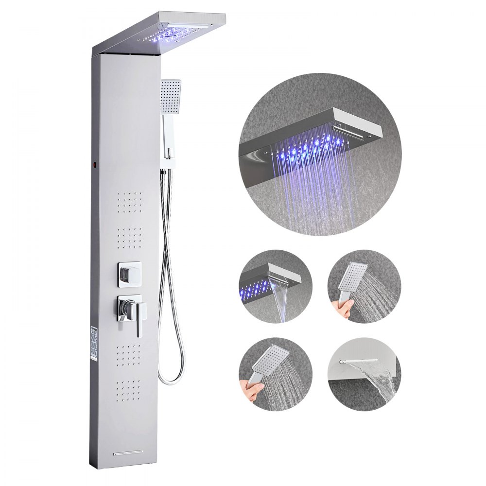 VEVOR Duschpaneel-Turmsystem (5 Modi) mit Regenwasserfall-Duschkopf & LED, mit Handbrause & 4 Körperbrausen