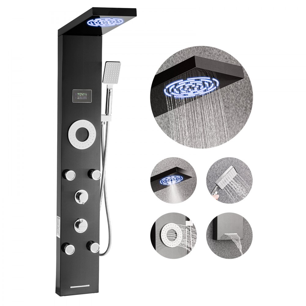 VEVOR Duschpaneel-Turmsystem (6 in 1) mit Regenwasserfall-Duschkopf & LED, Regenmassagesystem zur Wandmontage