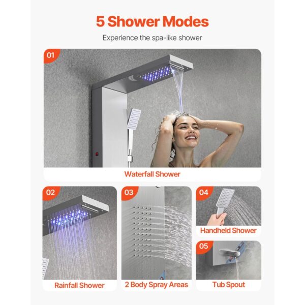 VEVOR Duschpaneel-Turmsystem (5 Modi) mit Regenwasserfall-Duschkopf & LED, Regenmassagesystem zur Wandmontage – Bild 3